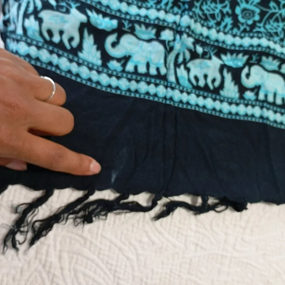 Bagus Scarf Or Throw Elephant Mandala Print Blanket Black & Teal Fringe Edges